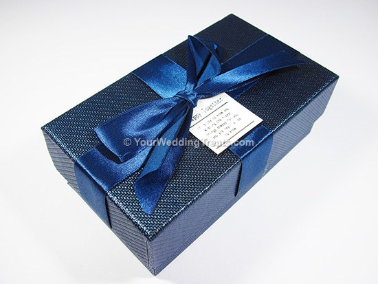 blue cardboard favor box with ribbon message